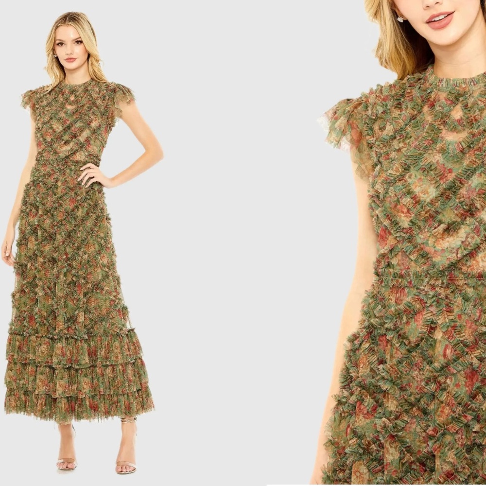 Mac Duggal 8009 High Neck Ruffle Cap Sleeve Floral Dress Size 10 Green